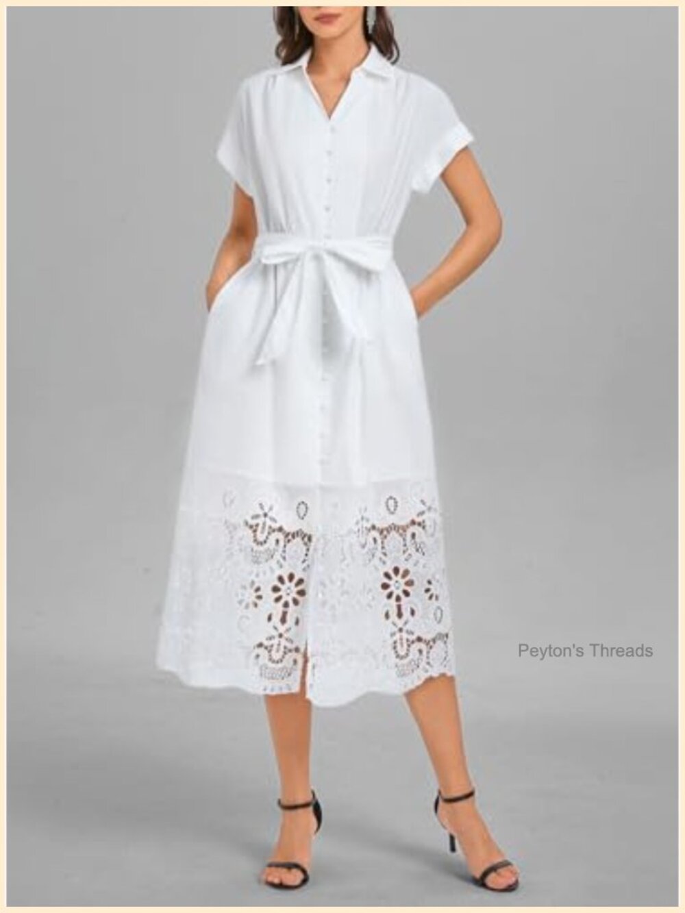 Button Down Shirt Dress Belted Short Sleeve Midi A-Line Business Dress - Picture 4 of 7